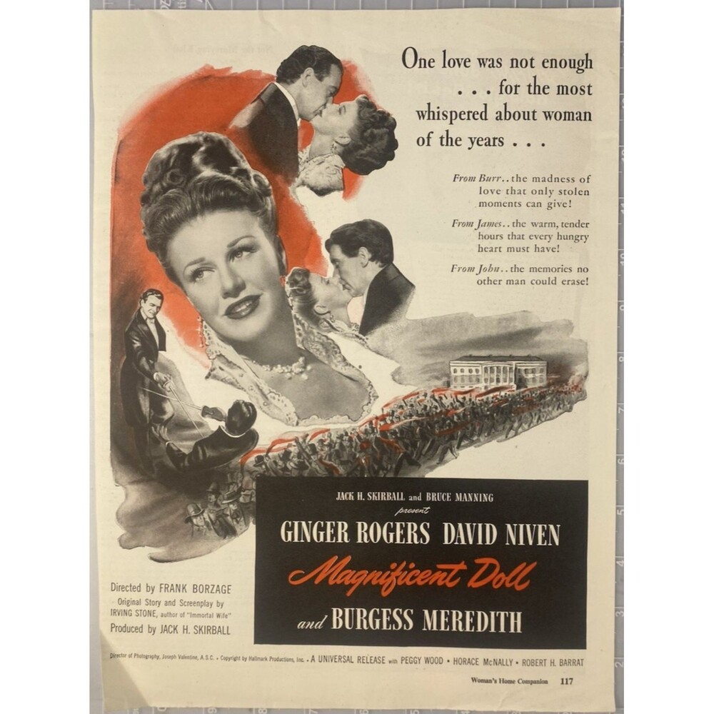 Ginger Rogers & David Niven "Magnificent Doll" Print Ad 1946 Burgess Meredith